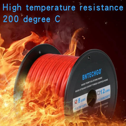 8 AWG Silicone Wire Spool 50 Ft Red Super Flexible Stranded Tinned Copper Wire For Auto Electronics High Strand Count 1650 Strands Ultra Soft Insulation Low Impedance Power Run on fire background at 200 C