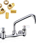 8 Inch Center Wall Mount Commercial Kitchen Faucet With Dual Handles, Adjustable Center Spacing, Polished Finish