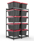 Space-Saving 27 Gallon Tote Bin Rack Organizer, Heavy Duty 5 Tier Storage Shelves, 250 Lb Capacity, Adjustable Rail Spacing From 18 To 20 Inches, Universal Fit For All 27-Gallon Totes, Great For Garage Warehouse Utility, 2 Pack with stacked totes