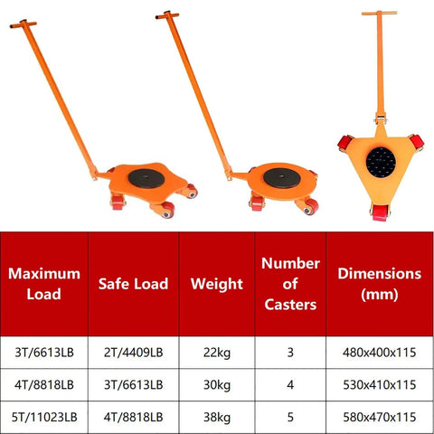 Heavy Duty Industrial Machinery Skate Dolly Features 360 Degree Slew Rotation with PU Anti Skid Rollers on a workshop floor.