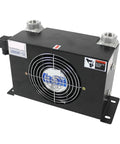 Pro Grade High Flow Hydraulic Oil Cooler Plate Heat Exchanger For Radiator, black unit, metal connections, front view