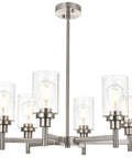 Six Light Contemporary Brushed Nickel Chandelier With Clear Glass Cylinder Shades Modern Pendant Lighting Fixture For Living Room Dining Room Kitchen Dimmable Adjustable Height Sloped Ceiling Compatible