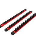 Red magnetic socket rail organizer with 42 slots for 1/4, 3/8, 1/2 inch drive sockets, spring loaded ball locks visible.