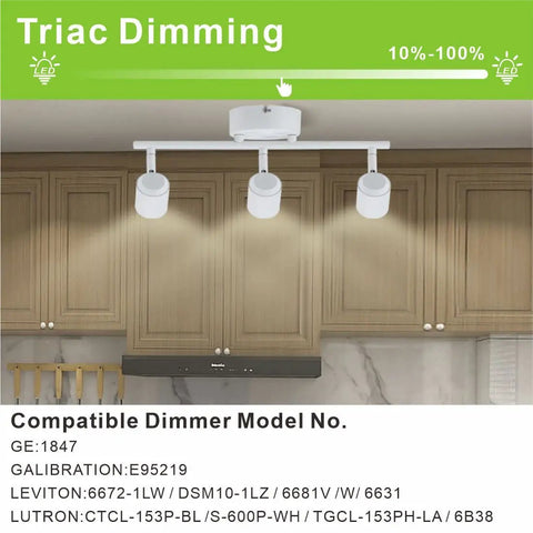 Arcfox 24W Three Light LED Track Lighting Kit with dimmable heads installed in a kitchen over brown cabinets.