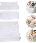 Three Piece Foldable Closet Organizer Bins With Adjustable Drawer Dividers For Socks Undies And Lingerie, white fabric storage cubes.