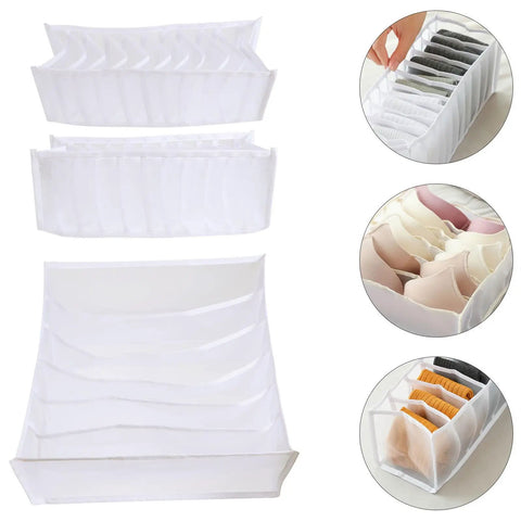 Three Piece Foldable Closet Organizer Bins With Adjustable Drawer Dividers For Socks Undies And Lingerie, white fabric storage cubes.