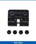 Front view of white resin positioning torque 90-degree hinge with two pivot barrels and four caps