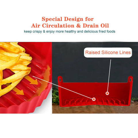 2 Pack Silicone Air Fryer Liners Set 7.28 Inch And 8.27 Inch Reusable Basket Liners with fries in red tray showing raised lines