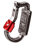 Heavy Duty Tool Holder Carabiner With Dual Push Button Locking Gate For Climbing Harnesses Winged Gate For One Handed Access In Gloves Wide Flat Base For Stability USA Made Gear Clip For Climbers, shown in metallic with red lock