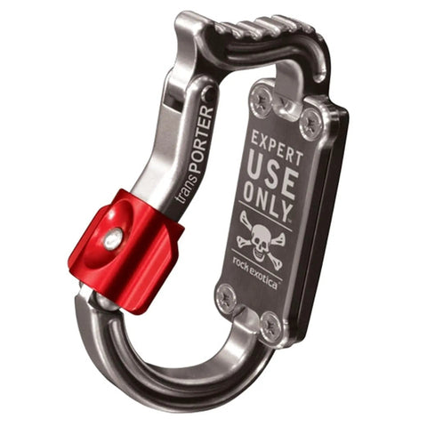 Heavy Duty Tool Holder Carabiner With Dual Push Button Locking Gate For Climbing Harnesses Winged Gate For One Handed Access In Gloves Wide Flat Base For Stability USA Made Gear Clip For Climbers, shown in metallic with red lock