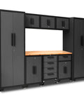 9 Piece Workshop Set With Steel Drawers Rolling Chest Locked Storage Cabinet And Wall Cabinets, black and grey finish