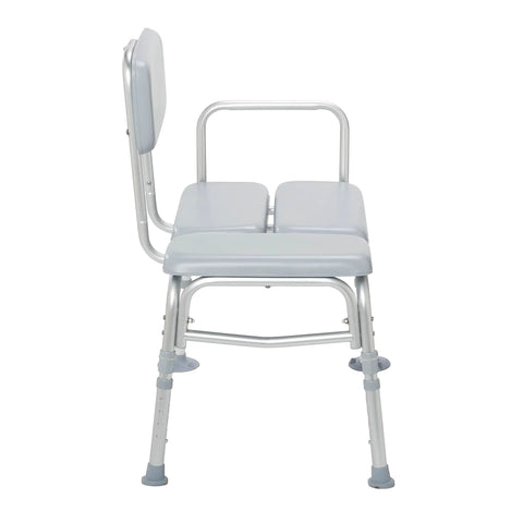Side view of Padded Shower Seat Chair With Sturdy Aluminum A Frame Easy Transfer Bath Bench Cushioned Seat And Backrest
