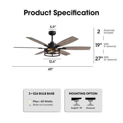 Product specifications of 60 Inch Ceiling Fan With Lights And Remote For Indoors And Outdoors In Black Caged Farmhouse Style