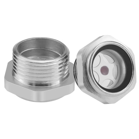 Close-up of Three Quarter Inch NPT Air Compressor Oil Sight Glass With Durable Aluminum Alloy Body And Pro Grade Male Thread Liquid Level Gauge