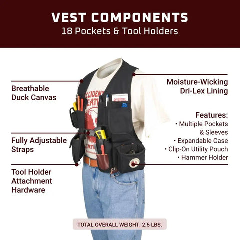 Built Tough Heavy Duty Builders Vest With Ample Tool Pockets Rugged Black Workwear displaying 18 pockets and tool holders