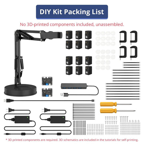 DIY Kit Packing List for Ditch The Toy Store Robots And Build Your Own Badass AI Robotic Arm Kit including servos and components.