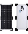 Front and back view of solar panel with No Drill Corner Bracket Roof Mount for Solar Panels on RVs and Boats, Easy Clamp Style Mount.