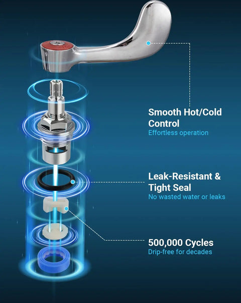 Phivan 4" Wall Mount Brass Kitchen Sink Faucet, 3-1/2" Gooseneck Spout internal components diagram with smooth control and leak-resistant seal.