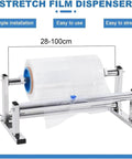 Manual Stretch Film Winding Machine With Sliding Cutter For Easy Packaging Durable Film Dispenser Designed For Warehouses Supermarkets And Fruit Shops Accepts Paper Tubes Up To 76 Millimeters Inner Diameter And 28 To 100 Centimeters Length in a metal frame with film on a roller