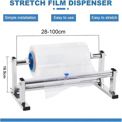 Manual Stretch Film Dispenser With Sliding Cutter, 28-100cm length, on stand with 76mm core, ideal for warehouses and shops.