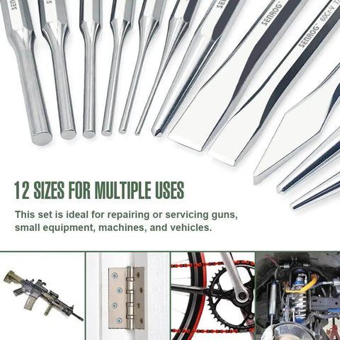 12 Piece Punch And Chisel Set With Carrying Case For Metalworking Including Flat Chisels Center Punches Pin Punches And Conical Punch Ideal For DIYers Hobbyists And Pro Shops In The Garage Or Home shown with tools and uses