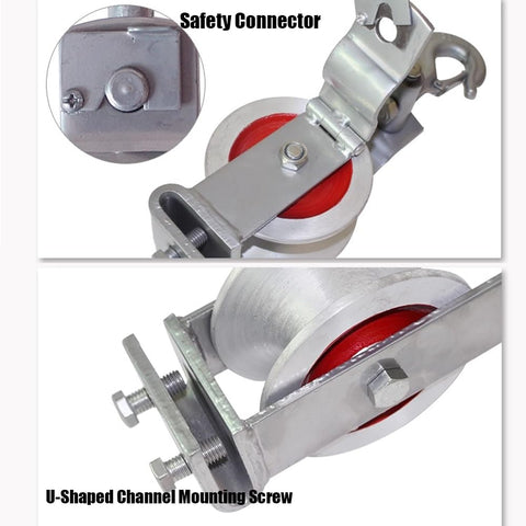 Rugged Heavy Duty Cable Pulley Cast Aluminum Wheel Wear Resistant Sheave Two Fixing Methods Safety Lock Hook High Visibility Red Warning Wheel