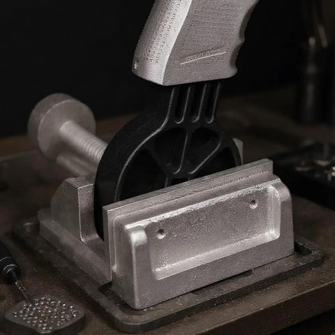 Lockdown Gun Vise Block For AR Rifle And Glock Pistol Heavy Steel Table Fixture with secure grip and silver finish.