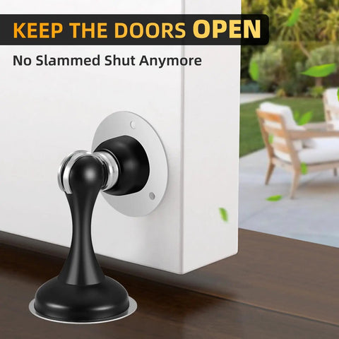 Four Pack Magnetic Door Stop No Drilling With 3D Adhesive Tapes Keeps Doors Open And Silent Easy Install Durable Stainless Steel Mount With Included Screws Black Finish Great For Home And Office installed view