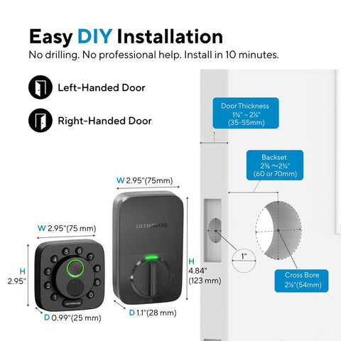 Heavy Duty Wireless Smart Deadbolt Featuring Slick Touch Interface And Hella Secure Biometric Scanning Plus No Sweat Wifi Pairing For Rock Solid Home Safety Upgrades installation guide with dimensions for doors.
