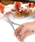 Hand holds stainless steel pig ear tag pliers in V shape, lightweight and durable, with pigs in the background for ID use.