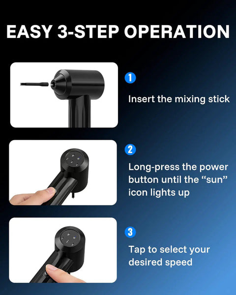 Rechargeable Tattoo Ink Mixer For Microblading And Eyebrow Pigment With All Day Battery Life Pro Grade Motor Three Speeds Includes 105 Mixing Sticks Electric Pigment Agitator For Flawless Color And Smooth Ink showing 3-step operation with mixing stick insertion, power button, and speed selection.