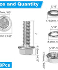 Diagram of 10 Sets 5/16-18 By 1 Inch Flanged Hex Bolts Kit With 5/16-18 Nuts Flat Washers And Spring Lock Washers In 304 Stainless Steel.