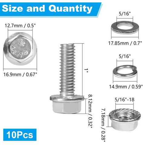 Diagram of 10 Sets 5/16-18 By 1 Inch Flanged Hex Bolts Kit With 5/16-18 Nuts Flat Washers And Spring Lock Washers In 304 Stainless Steel.