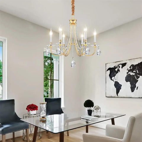 Elegant dining room with Gold Farmhouse Crystal Chandelier For Dining Room And Kitchen Island, 6 Light French Country Ceiling Fixture
