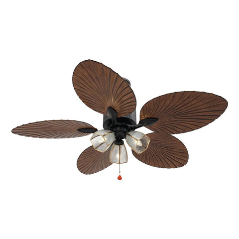 52" Tropical Ceiling Fan with Light, Indoor Outdoor Palm Leaf Ceiling Fan with large brown blades and glass light fixtures.