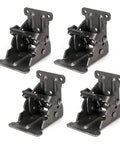 Heavy Duty Rock Solid Foldable Brackets Featuring Self Locking Hinges And Bulky Steel Extensions For Fixing Wobbly Table And Bed Legs On Any Workbench Including Screws Pack Of Four, four steel brackets from several angles.