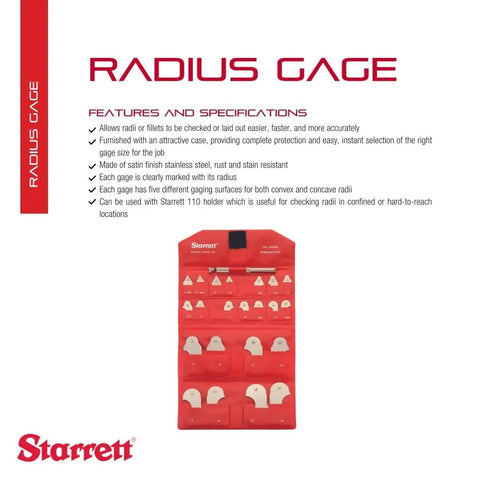 Radius Gauge Set With 110 Holder, Stainless Steel, 22 Gauges Spanning 0.5-7mm And 8-15mm Radius displayed in packaging