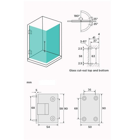 Technical drawing of Stainless Steel Glass Door Hinge For Cabinets And Showers Clip In Mount Fits 8 To 12 Mm Thick Glass Anti Bounce Screw