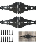 Heavy Duty Eight Inch Fence Gate Hinges With Matte Black Steel Finish For Outdoor Wood Fences And Sheds, includes screws.