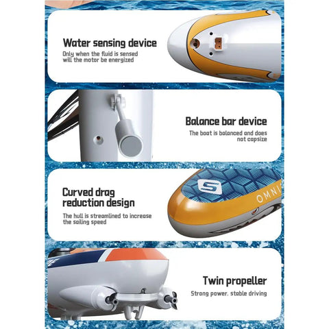 Dope RC Surfing Boat Two Point Four GHz Never Flip Sailboard Blue With Directional Water Control And Steering Animated Surfer Motion And Balanced Hull Design For Stable Easy Handling At High And Low Speeds, RC surfboat underside with twin propeller