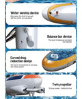 RC Sailboard Surfing Boat details showing water sensing, balance bar, curved drag design, and twin propeller on yellow model