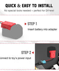 Power Wheel Battery Adapter installation steps for Milwaukee 18V packs and Peg Perego ride on cars. Easy install guide.