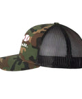 Funny Mens Trucker Cap With Camo Print Adjustable Back Hat, side view showing camo design and breathable mesh panel