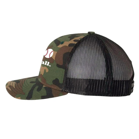 Funny Mens Trucker Cap With Camo Print Adjustable Back Hat, side view showing camo design and breathable mesh panel