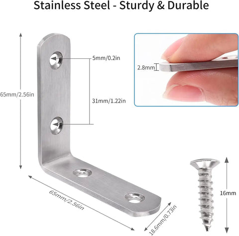 Heavy Duty Stainless Steel L Bracket Corner Brace Right Angle Support 65X65Mm Woodworking Fastener 6 Pack showing dimensions and design.