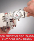Dial Caliper Workhorse With Adjustable Bezel 0 To 8 Inch Range.001 Inch Graduation Anti Backlash Gear Knife Edge Contacts For Inside And Outside Measurements One Hand Use With Thumb Operated Fine Adjustment Direct Reading And Precise Gauging. holding metal part