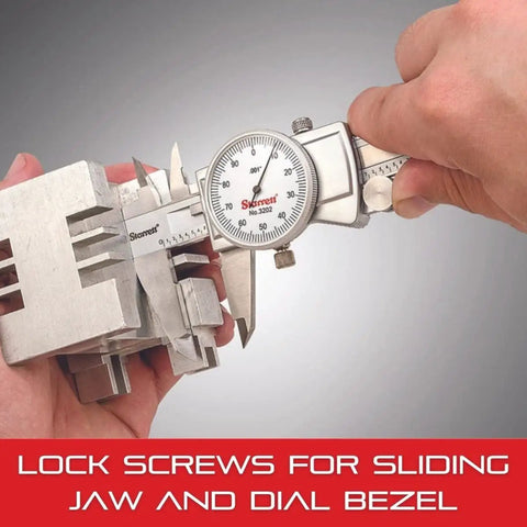 Dial Caliper Workhorse With Adjustable Bezel 0 To 8 Inch Range.001 Inch Graduation Anti Backlash Gear Knife Edge Contacts For Inside And Outside Measurements One Hand Use With Thumb Operated Fine Adjustment Direct Reading And Precise Gauging. holding metal part