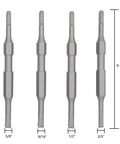 Four alloy hammer drill chisel bits with sizes 5/8, 9/16, 1/2, and 2/5 inches from Six Piece SDS Plus Floor Scraper Set With Alloy Hammer Drill Chisel Bits And Groove Gouge Wall Scraper For Tile Brick Stone Concrete Adhesives Removal In Heavy Duty Case.
