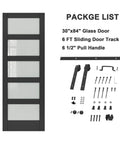 Frosted Glass Barn Door With Black Steel Frame And No Fuss Six Foot Sliding Hardware Kit, 30 By 84 Inches Solid Core Wood Door shown with package contents.