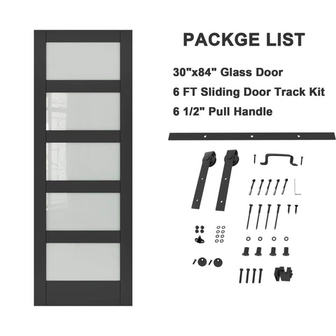 Frosted Glass Barn Door With Black Steel Frame And No Fuss Six Foot Sliding Hardware Kit, 30 By 84 Inches Solid Core Wood Door shown with package contents.
